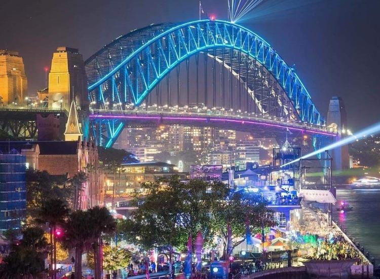 Cầu cảng Sydney Úc về đêm với ánh đèn rực rỡ và khung cảnh thành phố hiện đại